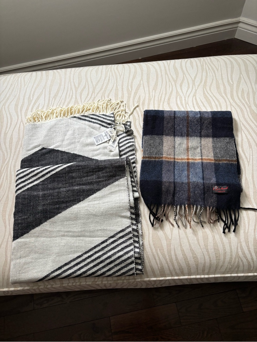 GAP Navy Plaid Scarf with Gray and Brown Stripes